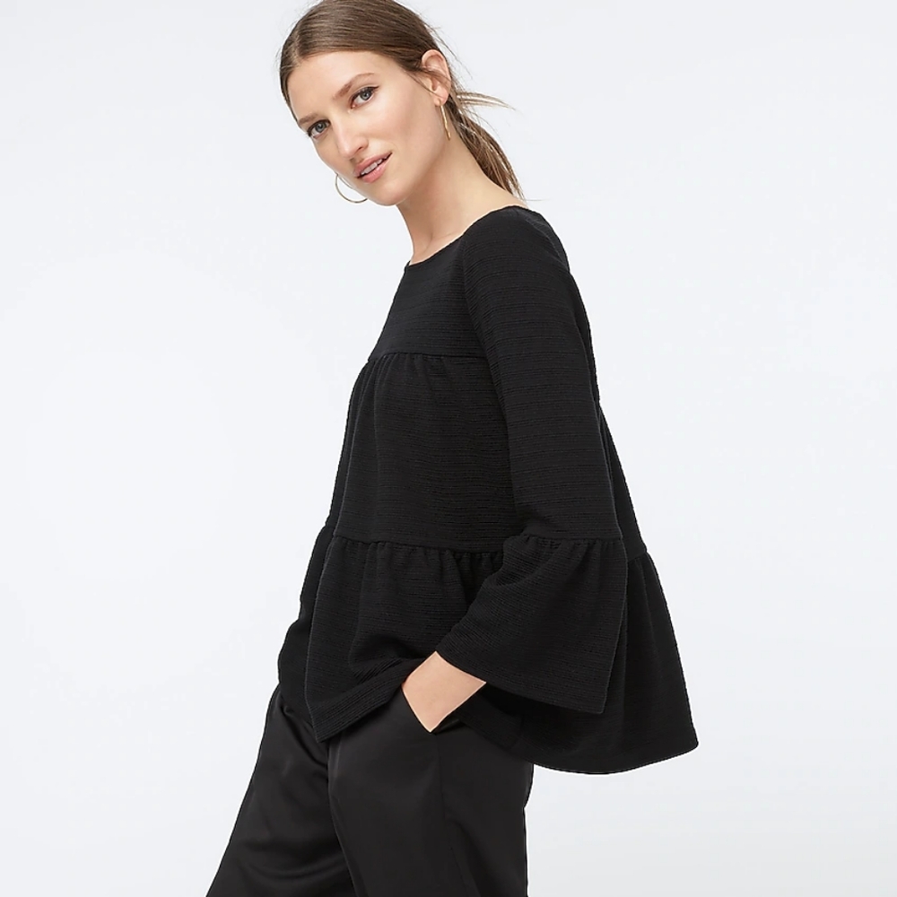 J Crew Womens Pullover Top Black Button Tiered Bell Top XXS New With Tags NWT